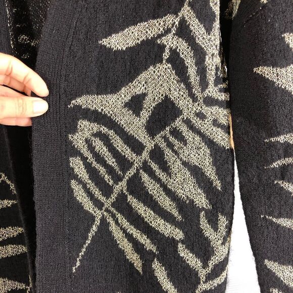 Lucky BRAND Wool Blend Black Open Cardigan Metallic‎ Gold Leaf Motif Sz S - Picture 6 of 10
